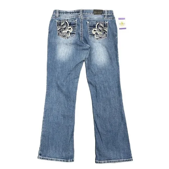 Soundgirl Jeans Juniors 17 Blue Bootcut Studs Bling Thick Stitch Fluer De Lis - Picture 15 of 16